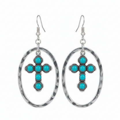 Turquoise & Silver-Plated Oval Cross Drop Earrings - Street Region