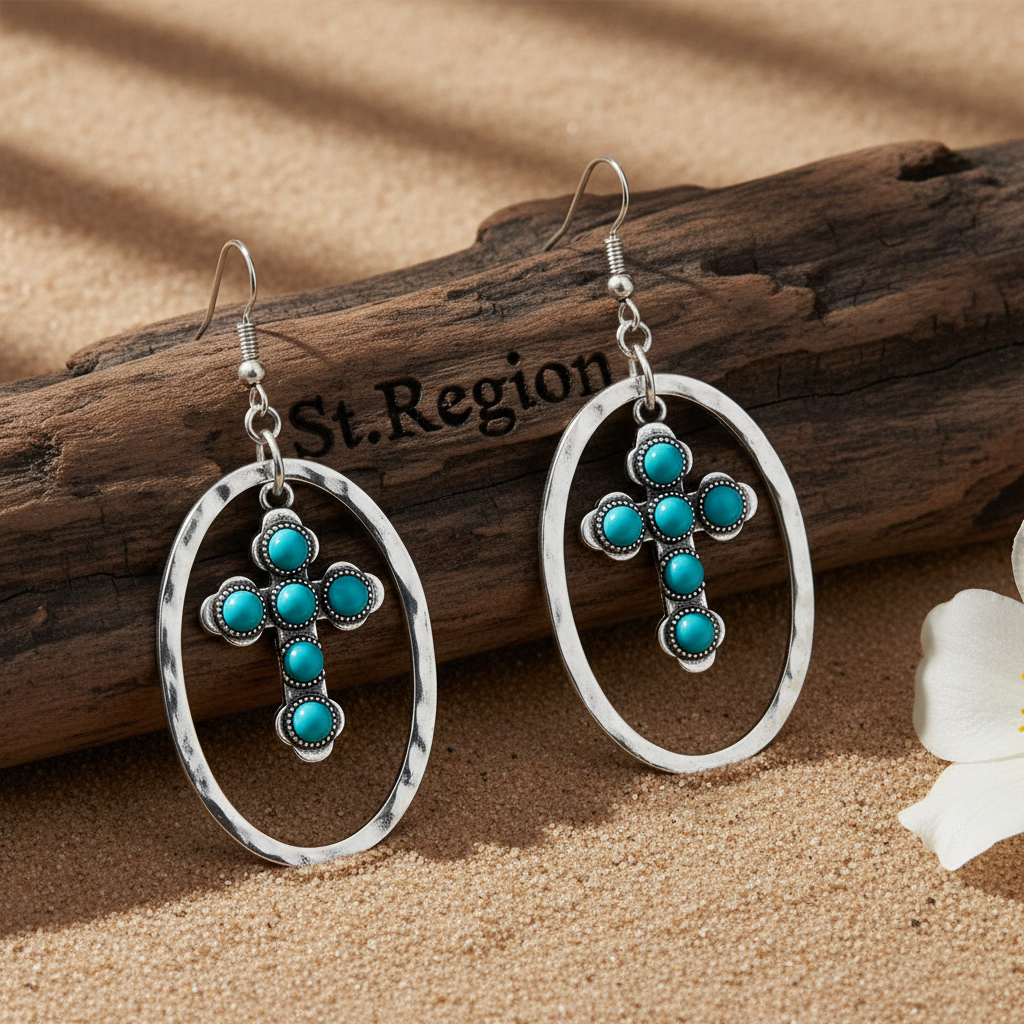 Turquoise & Silver-Plated Oval Cross Drop Earrings - Street Region