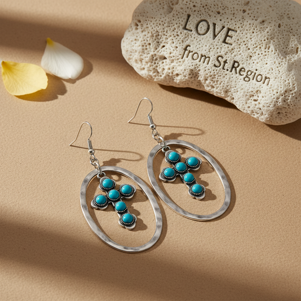 Turquoise & Silver-Plated Oval Cross Drop Earrings - Street Region
