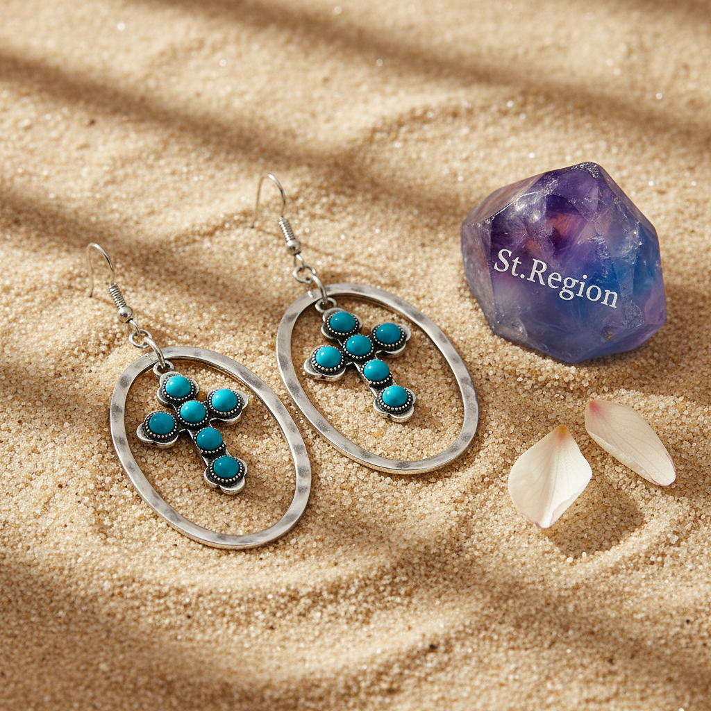 Turquoise & Silver-Plated Oval Cross Drop Earrings - Street Region