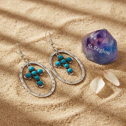 Turquoise & Silver-Plated Oval Cross Drop Earrings - Street Region
