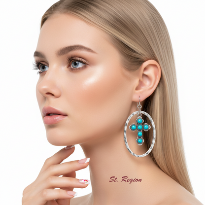 Turquoise & Silver-Plated Oval Cross Drop Earrings - Street Region