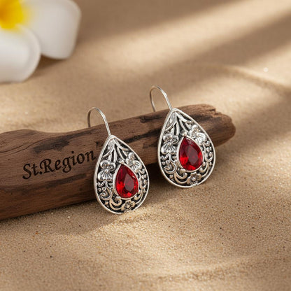 Red Crystal and Silvertone Flower Drop Earrings, silver drop earrings for women, botanical inspired, front view