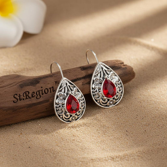 Red Crystal & Silvertone Flower Drop Earrings