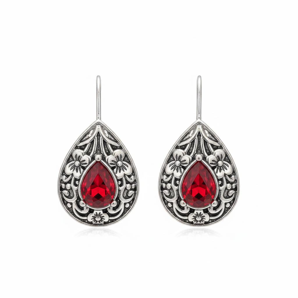 Red Crystal and Silvertone Flower Drop Earrings, silver drop earrings for women, botanical inspired, side view