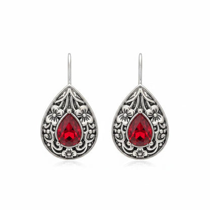 Red Crystal and Silvertone Flower Drop Earrings, silver drop earrings for women, botanical inspired, side view