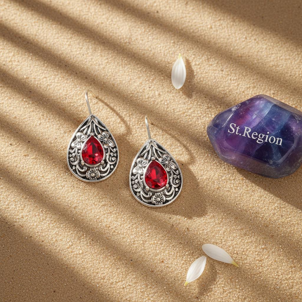 Red Crystal and Silvertone Flower Drop Earrings, silver drop earrings for women, botanical inspired, detail close-up