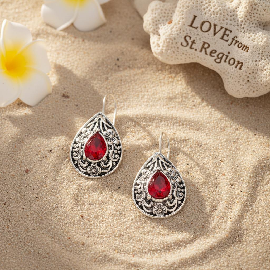 Red Crystal and Silvertone Flower Drop Earrings, silver drop earrings for women, botanical inspired, lifestyle look