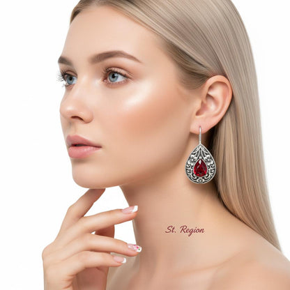 Red Crystal and Silvertone Flower Drop Earrings, silver drop earrings for women, botanical inspired, styled look