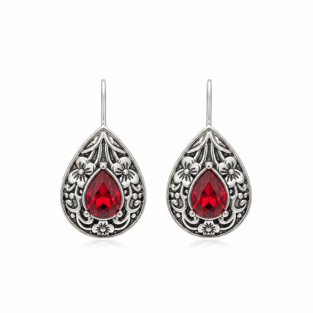 Red Crystal & Silvertone Flower Drop Earrings - Street Region