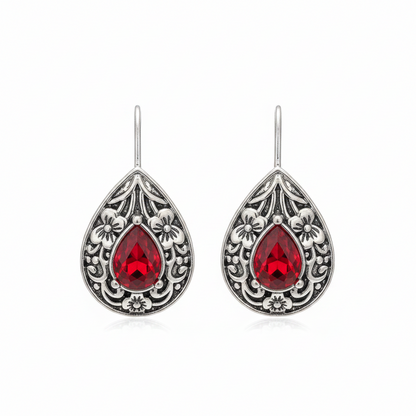 Red Crystal & Silvertone Flower Drop Earrings - Street Region