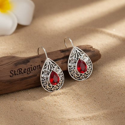 Red Crystal & Silvertone Flower Drop Earrings - Street Region