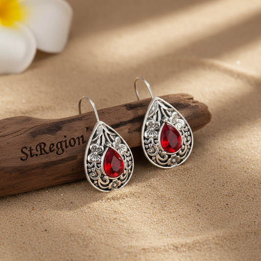Red Crystal & Silvertone Flower Drop Earrings - Street Region