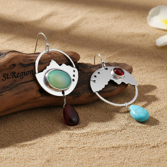 Turquoise & Quartz Silver-Plated Oval Dangle Drop Earrings