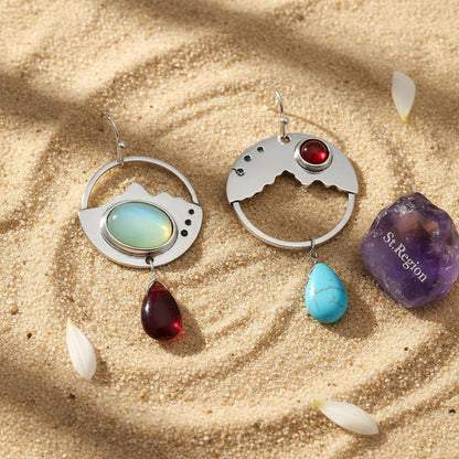Turquoise and Quartz Silver-Plated Oval Dangle Drop Earrings, silver drop earrings for women, detail close-up