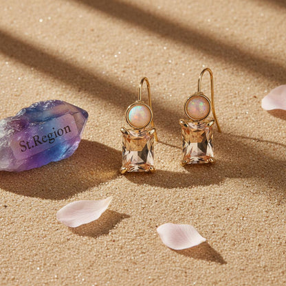Champagne Crystal and Resin Goldtone Square Hook Earrings, gold drop earrings for women, everyday style, detail close-up