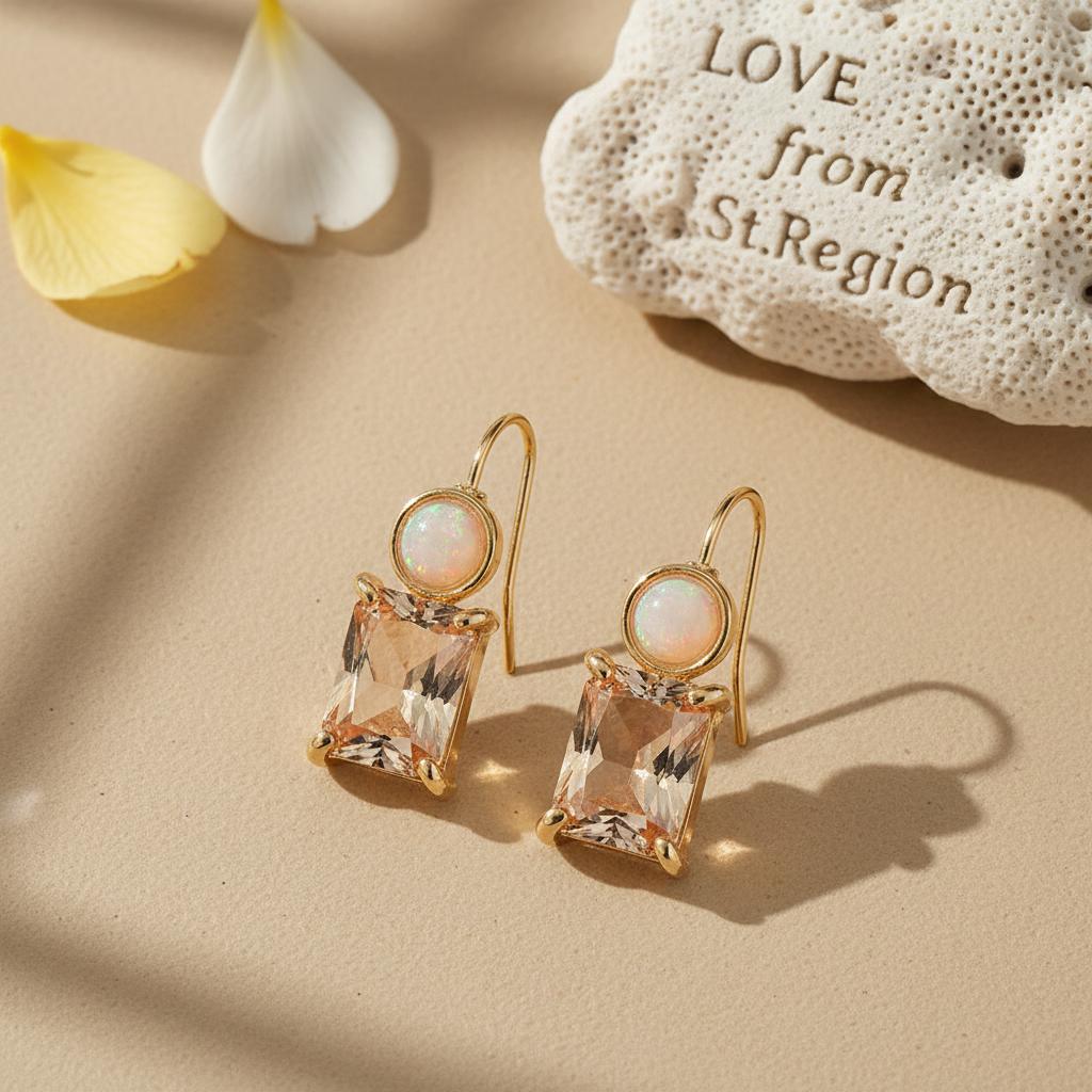 Champagne Crystal and Resin Goldtone Square Hook Earrings, gold drop earrings for women, everyday style, lifestyle look