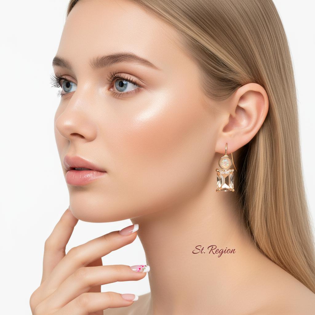Champagne Crystal and Resin Goldtone Square Hook Earrings, gold drop earrings for women, everyday style, styled look