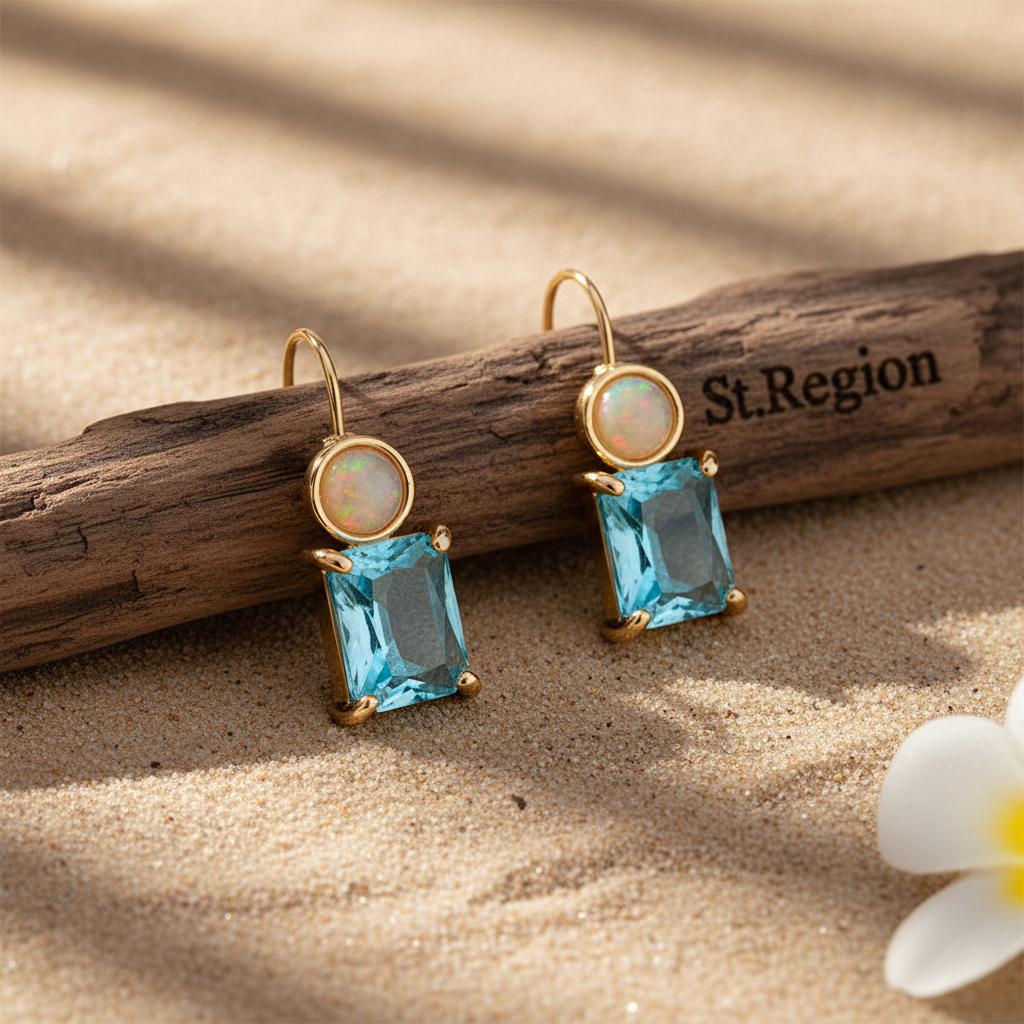 Sky Blue Crystal and Resin Goldtone Square Hook Earrings, gold drop earrings for women, everyday style, front view
