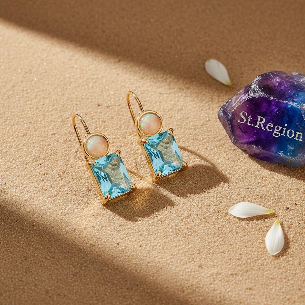 Sky Blue Crystal and Resin Goldtone Square Hook Earrings, gold drop earrings for women, everyday style, detail close-up