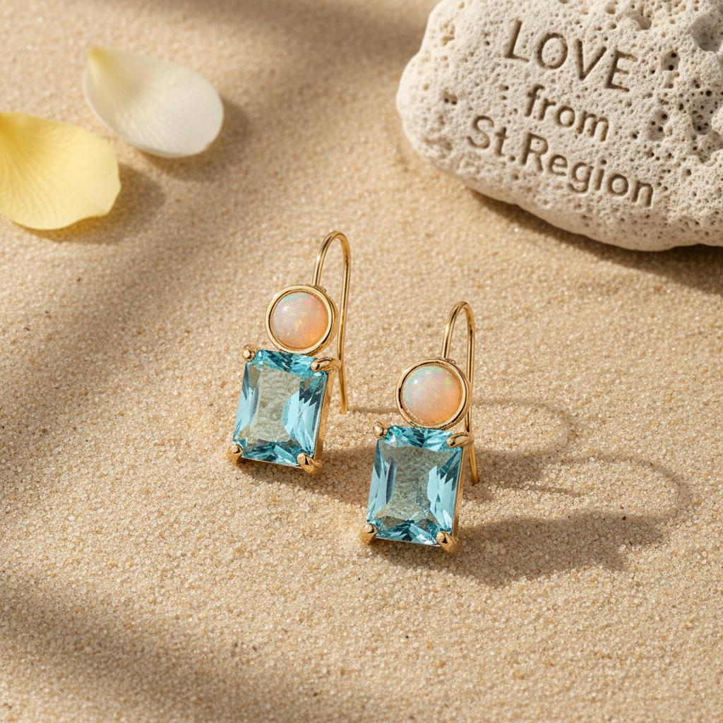 Sky Blue Crystal and Resin Goldtone Square Hook Earrings, gold drop earrings for women, everyday style, lifestyle look