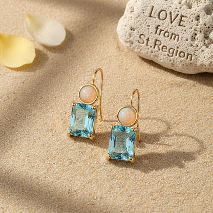 Sky Blue Crystal and Resin Goldtone Square Hook Earrings, gold drop earrings for women, everyday style, lifestyle look