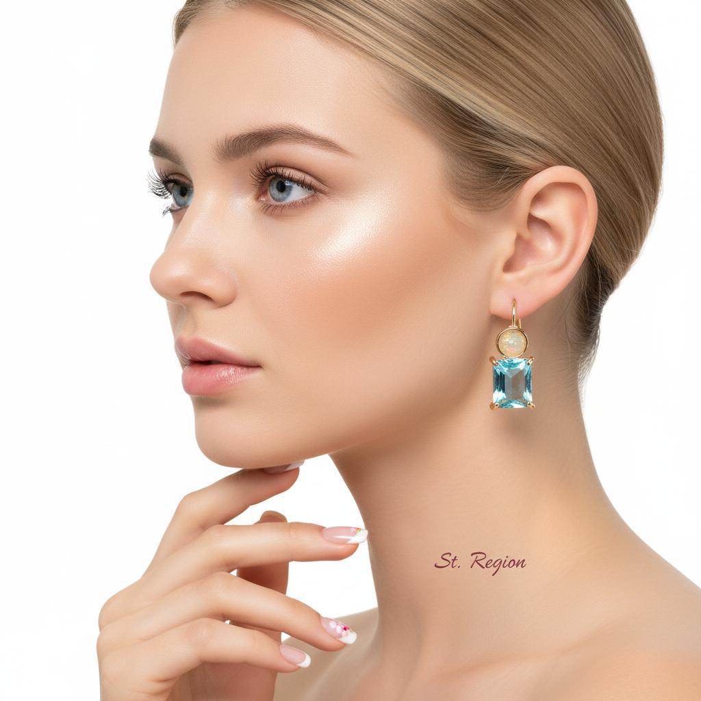 Sky Blue Crystal and Resin Goldtone Square Hook Earrings, gold drop earrings for women, everyday style, styled look