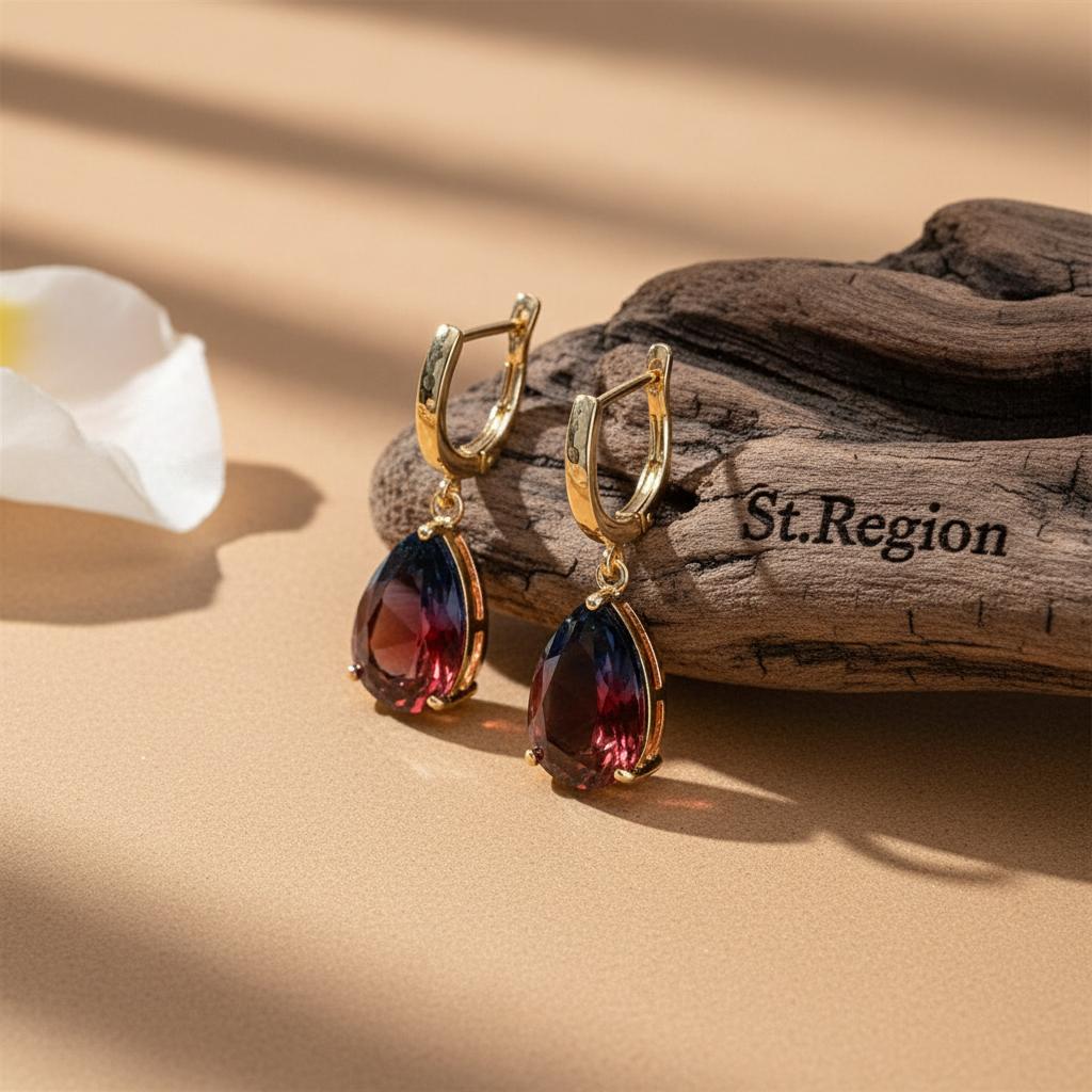 Blue and Red Crystal Teardrop Leverback Earrings, huggie earrings, elegant gift for her, front view