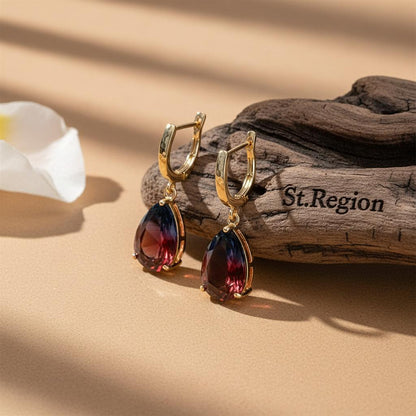 Blue and Red Crystal Teardrop Leverback Earrings, huggie earrings, elegant gift for her, front view
