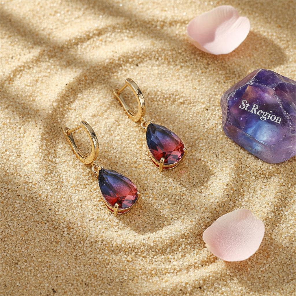 Blue and Red Crystal Teardrop Leverback Earrings, huggie earrings, elegant gift for her, detail close-up