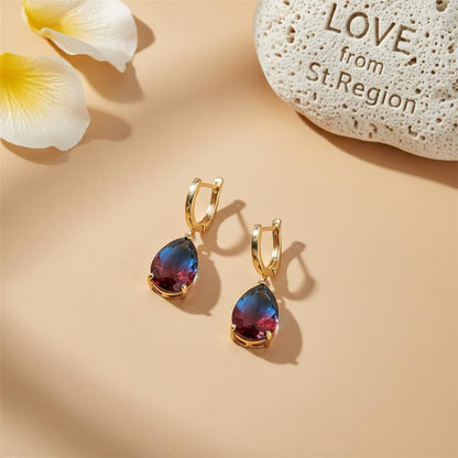 Blue and Red Crystal Teardrop Leverback Earrings, huggie earrings, elegant gift for her, lifestyle look
