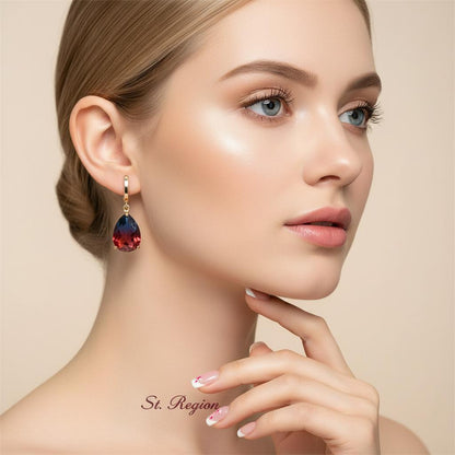 Blue and Red Crystal Teardrop Leverback Earrings, huggie earrings, elegant gift for her, styled look