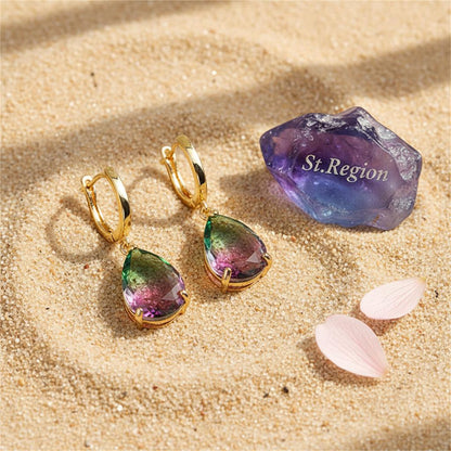 Green and Red Crystal Teardrop Earrings, huggie earrings, botanical inspired, detail close-up