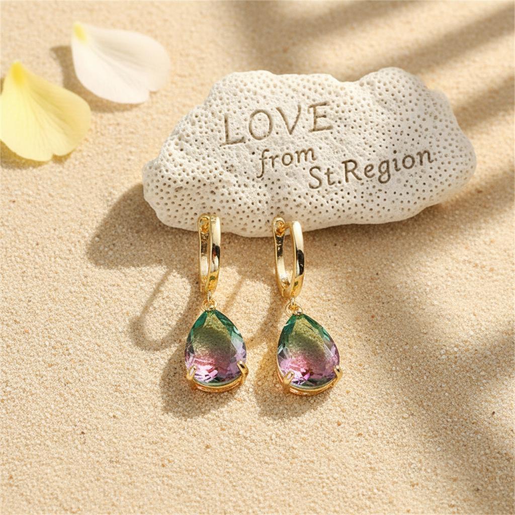 Green and Red Crystal Teardrop Earrings, huggie earrings, botanical inspired, lifestyle look