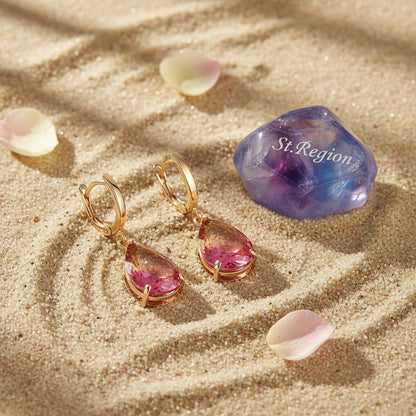 Yellow and Red Crystal Teardrop Leverback Earrings, huggie earrings, dainty minimalist design, detail close-up