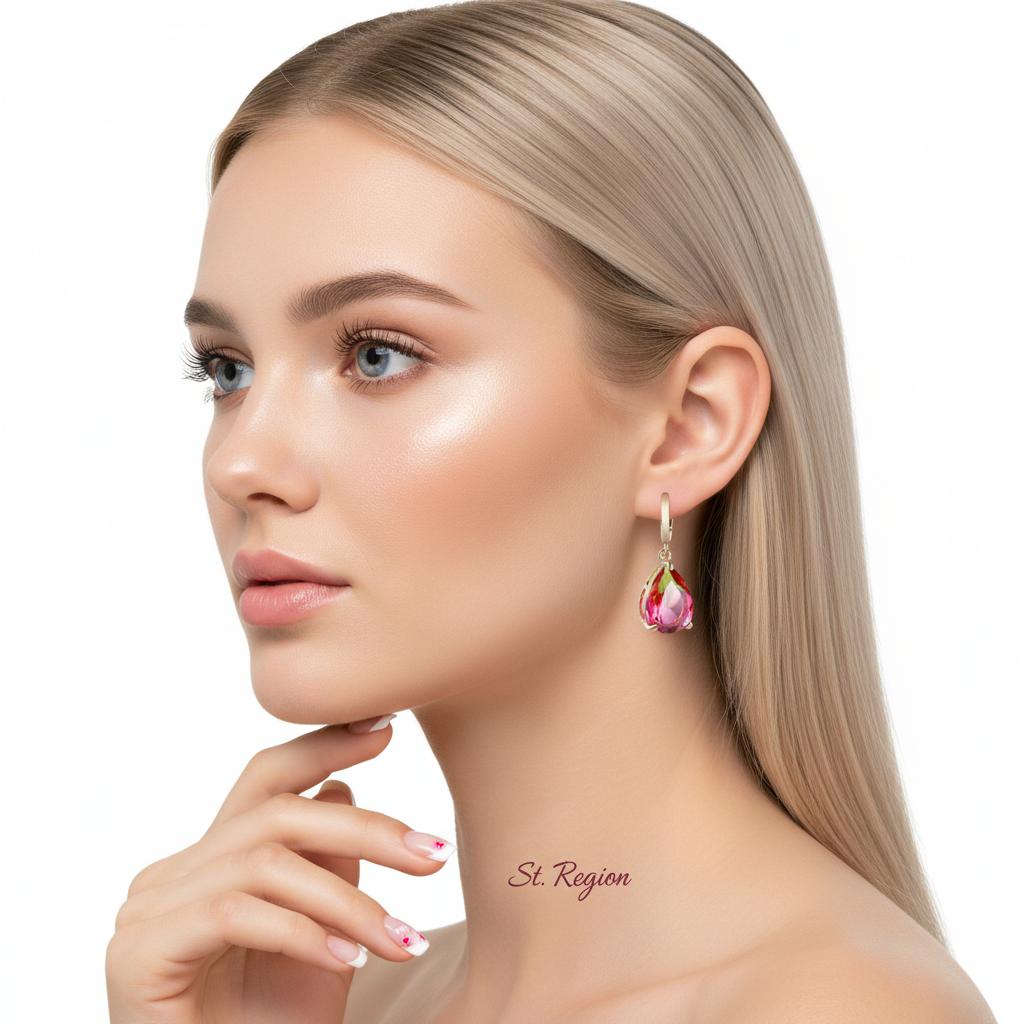 Yellow and Red Crystal Teardrop Leverback Earrings, huggie earrings, dainty minimalist design, styled look