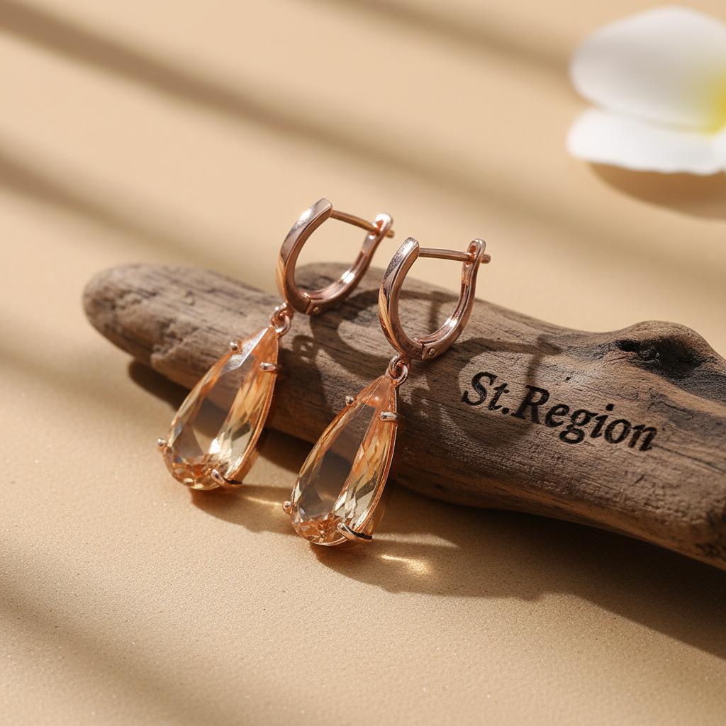 Champagne Crystal and 18K Rose Gold-Plated Drop Earrings, rose gold huggie earrings, dainty minimalist design, front view