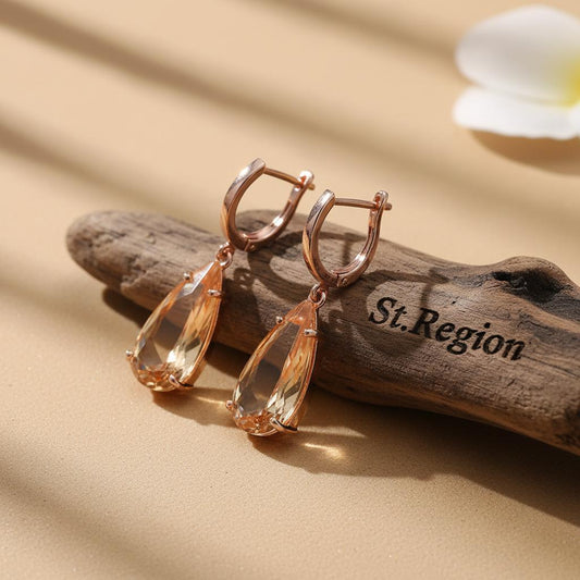 Champagne Crystal and 18K Rose Gold-Plated Drop Earrings, rose gold huggie earrings, dainty minimalist design, front view