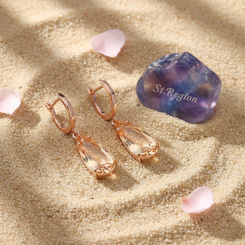 Champagne Crystal and 18K Rose Gold-Plated Drop Earrings, rose gold huggie earrings, detail close-up