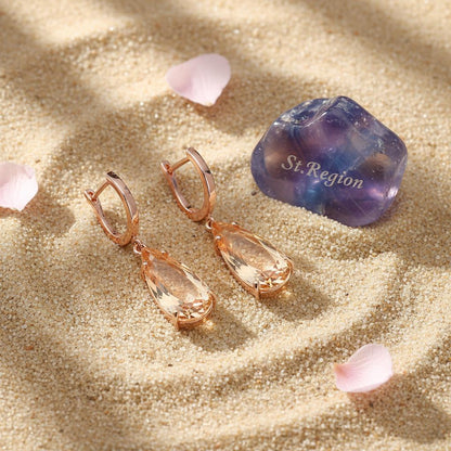 Champagne Crystal and 18K Rose Gold-Plated Drop Earrings, rose gold huggie earrings, detail close-up