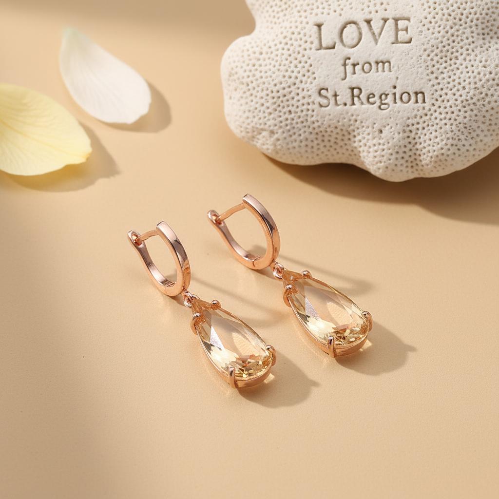 Champagne Crystal and 18K Rose Gold-Plated Drop Earrings, rose gold huggie earrings, dainty minimalist design, lifestyle look