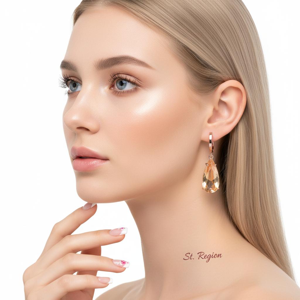 Champagne Crystal and 18K Rose Gold-Plated Drop Earrings, rose gold huggie earrings, dainty minimalist design, styled look