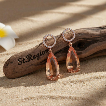 Yellow Crystal and Cubic Zirconia Circle Teardrop Earrings, drop earrings for women, botanical inspired, front view