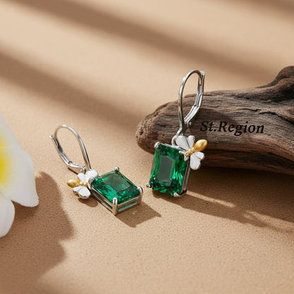 Green Crystal and Two Tone Sqaure Bee Huggie Earrings, huggie earrings, botanical inspired, front view
