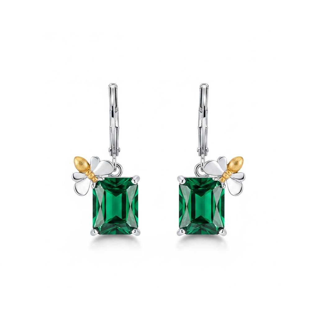 Green Crystal and Two Tone Sqaure Bee Huggie Earrings, huggie earrings, botanical inspired, side view