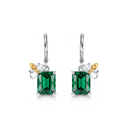 Green Crystal and Two Tone Sqaure Bee Huggie Earrings, huggie earrings, botanical inspired, side view