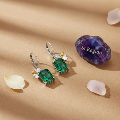 Green Crystal and Two Tone Sqaure Bee Huggie Earrings, huggie earrings, botanical inspired, detail close-up
