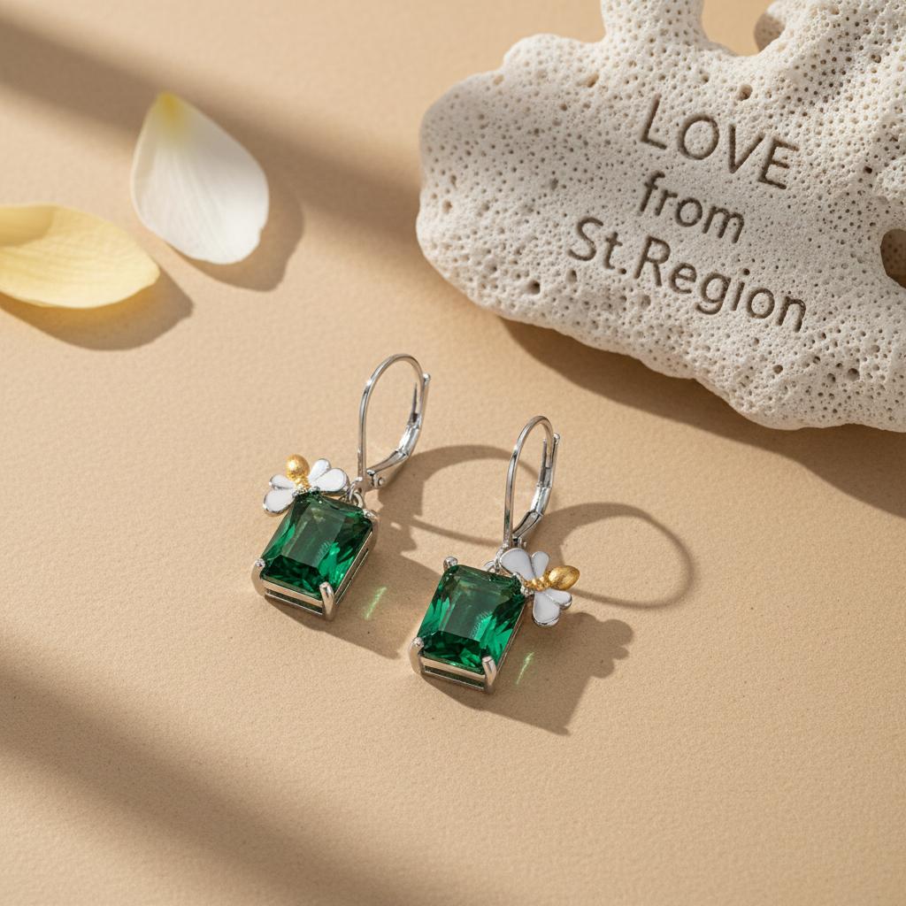 Green Crystal and Two Tone Sqaure Bee Huggie Earrings, huggie earrings, botanical inspired, lifestyle look