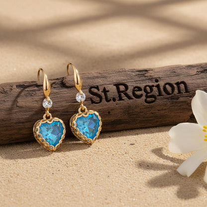 Blue Iridescent Crystal and Cubic Zirconia Goldtone Heart Hook Earrings, gold drop earrings for women, front view