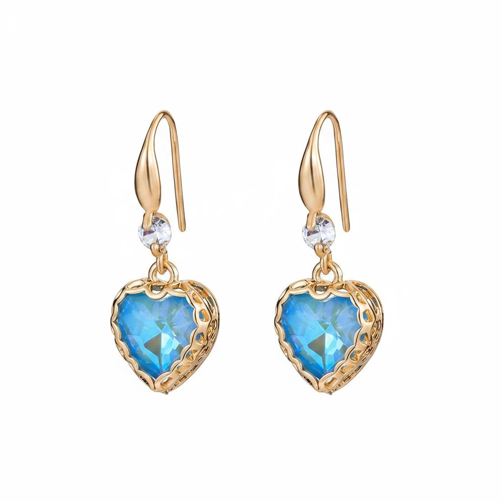 Blue Iridescent Crystal and Cubic Zirconia Goldtone Heart Hook Earrings, gold drop earrings for women, side view